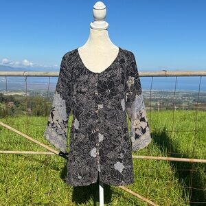 Citron Santa Monica Black Boho Asian floral Silk Kimono Sleeve Top Small